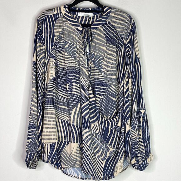 New Mododoc Lunar Blue Combo Leaf Print Faux Wrap Blouse Women's Size Small - Picture 7 of 7